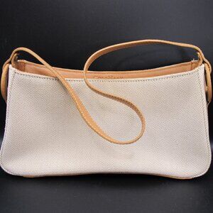 Vintage Cole Haan beige fabric wallet bag with tan leather handle and accents